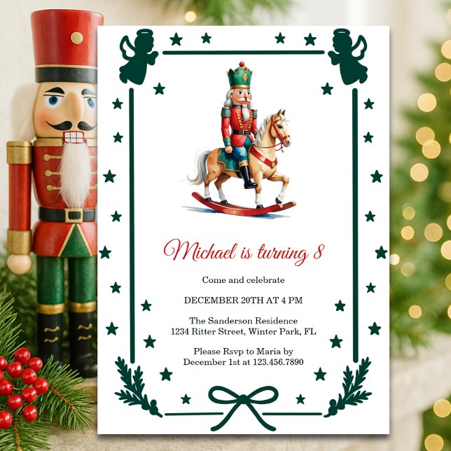 Invitación Fiesta de cumpleaños infantil de Cascanueces Navid (Nutcracker Christmas Kids Birthday Party Rocking Horse Invitation)