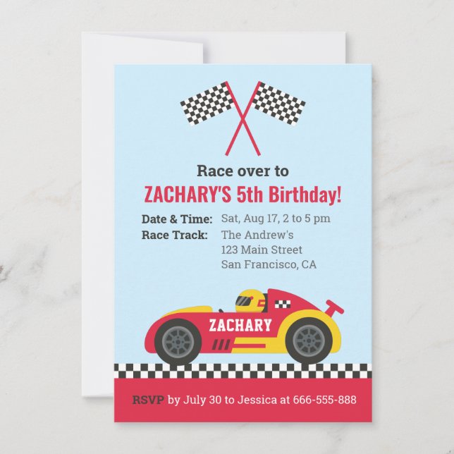 Invitación Fiesta de Cumpleaños Infantil de Coche de Carreras (Anverso)