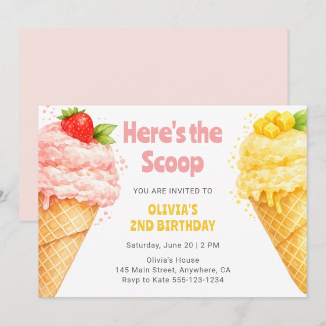 Invitación Fiesta de Cumpleaños Infantil de Helado de Verano  (Anverso / Reverso)