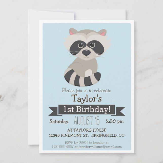 Invitación Fiesta de Cumpleaños Infantil de Mapache, Animal d (Anverso)