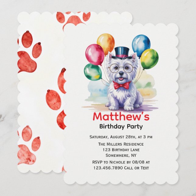 Invitación Fiesta de Cumpleaños Infantil de Perro Westie con  (Anverso / Reverso)