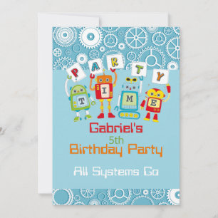 Invitación Fiesta de cumpleaños infantil de robot y engranaje