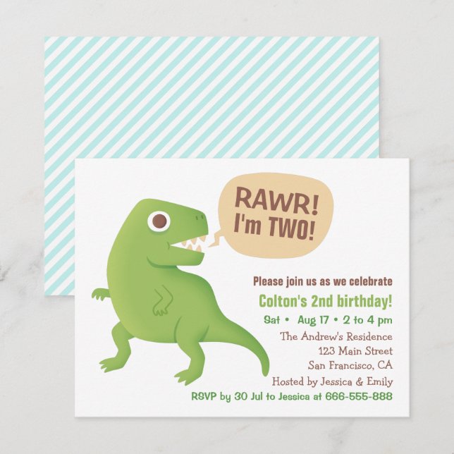 Invitación Fiesta de cumpleaños infantil del T Rex Dinosaurio (Anverso / Reverso)