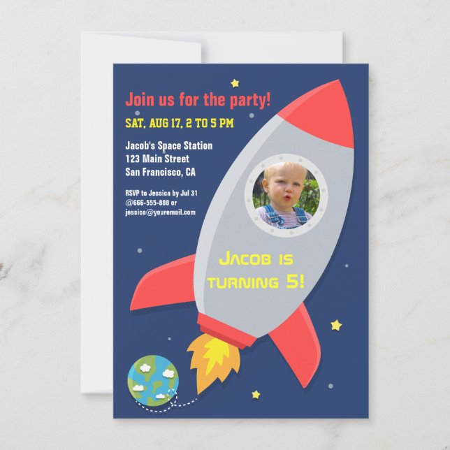 Invitación Fiesta de Cumpleaños Infantil Espacial Cohete Colo (Anverso)