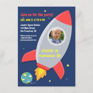 Invitación Fiesta de Cumpleaños Infantil Espacial Cohete Colo