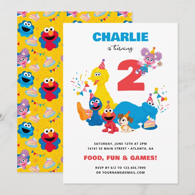 Invitación Fiesta de Cumpleaños Infantil Festiva de Sesame St (Anverso / Reverso)