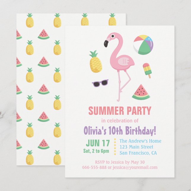 Invitación Fiesta de Cumpleaños Infantil Flamingo Piña Sandía (Anverso / Reverso)