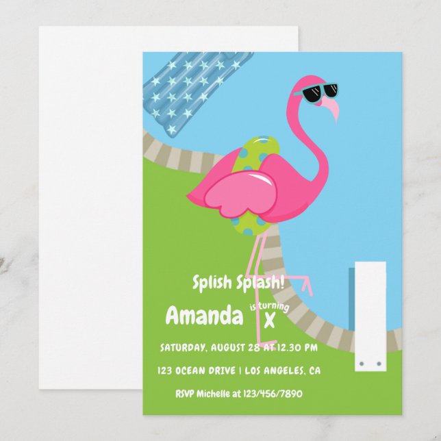 Invitación Fiesta de cumpleaños infantil Flamingo Verano Spla (Anverso / Reverso)