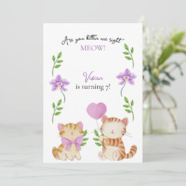 Invitación Fiesta de Cumpleaños Infantil Floral de Gatito Ado