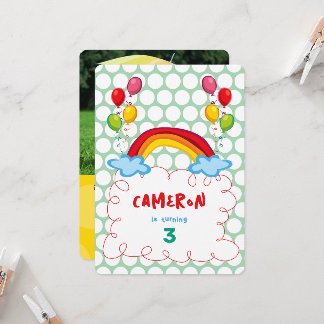 Invitación Fiesta de Cumpleaños Infantil Foto Arcoíris y Glob (Anverso/Reverso In Situ)