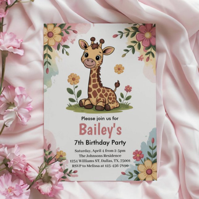 Invitación Fiesta de cumpleaños infantil jirafa floral de la  (Subido por el creador)
