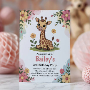Invitación Fiesta de cumpleaños infantil jirafa floral selva 