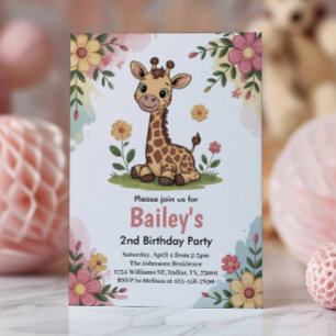 Invitación Fiesta de cumpleaños infantil jirafa floral selva 