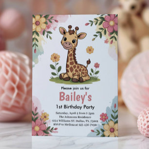 Invitación Fiesta de cumpleaños infantil jirafa floral selva 