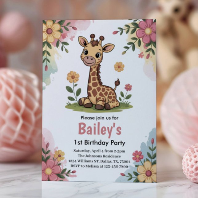 Invitación Fiesta de cumpleaños infantil jirafa floral selva  (Subido por el creador)