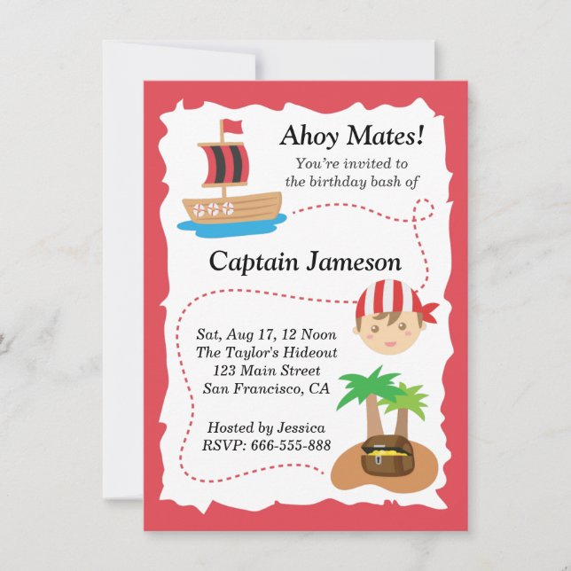 Invitación Fiesta de Cumpleaños Infantil Mapa del Tesoro Pira (Anverso)