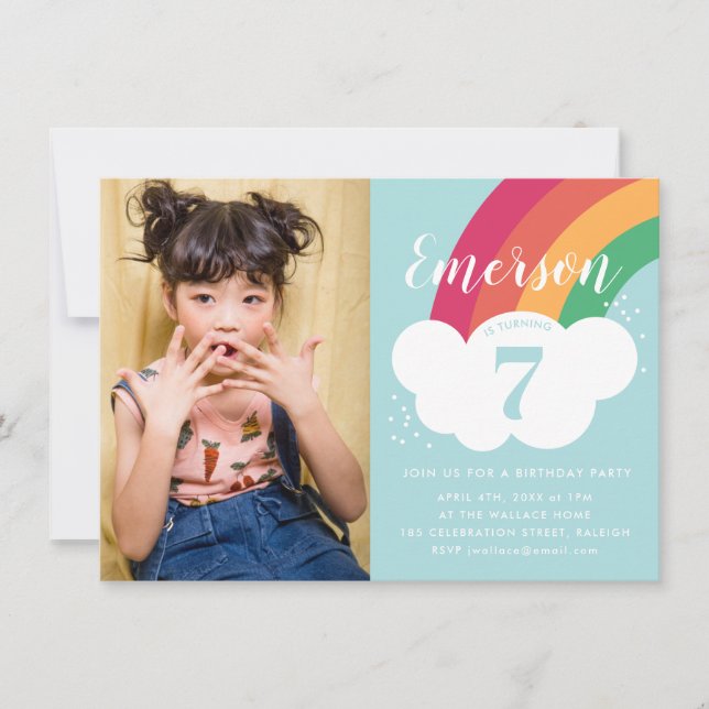 Invitación Fiesta de Cumpleaños Infantil Nube Arcoíris con Fo (Anverso)