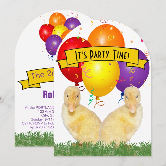 Invitación Fiesta de Cumpleaños Infantil Patitos Globos (Anverso / Reverso)