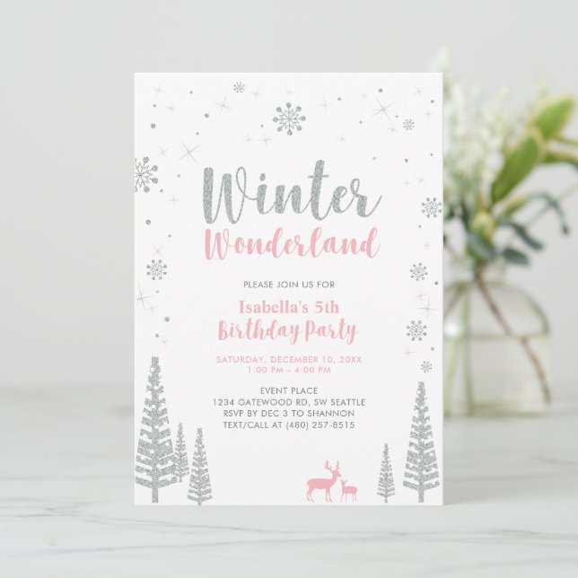 Invitación Fiesta de cumpleaños infantil Silver, Pink Winter  (Anverso de pie)