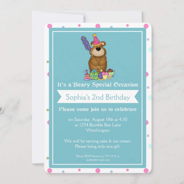 Invitación Fiesta de cumpleaños infantil Teddy Bear d2 (Anverso)