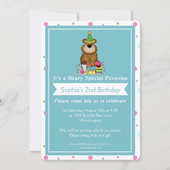 Invitación Fiesta de cumpleaños infantil Teddy Bear d3 (Anverso)