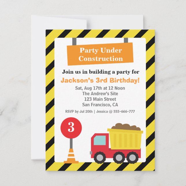 Invitación Fiesta de Cumpleaños Infantil Tema de Construcción (Anverso)