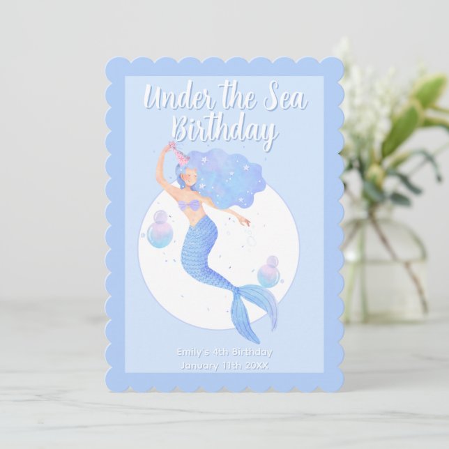 Invitación Fiesta de cumpleaños infantil tema sirena pastel (Anverso de pie)