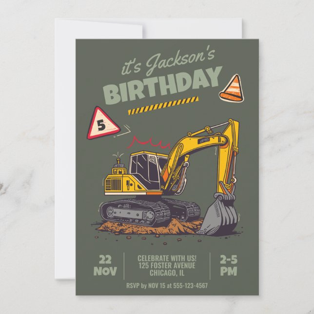 Invitación Fiesta de cumpleaños infantil temática de construc (Anverso)