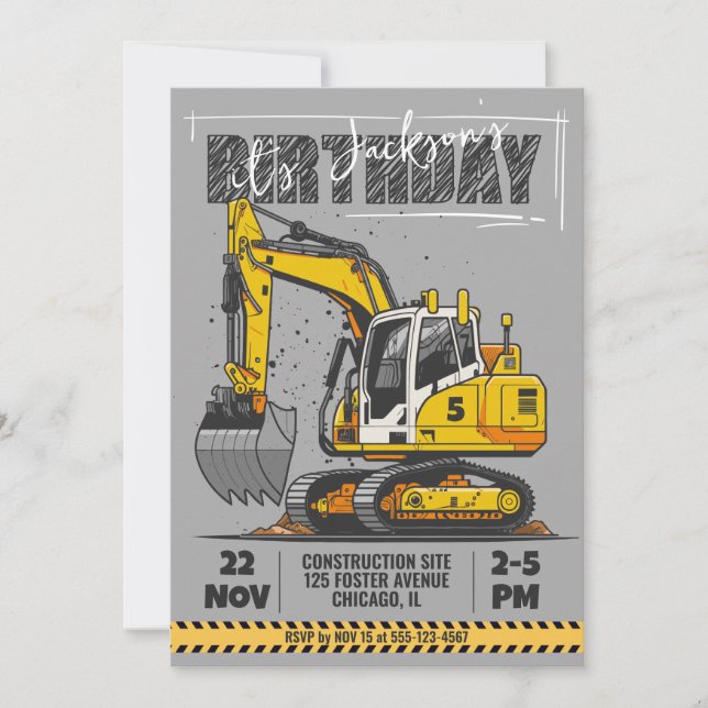 Invitación Fiesta de cumpleaños infantil temática de construc (Anverso)