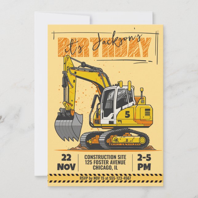 Invitación Fiesta de cumpleaños infantil temática de construc (Anverso)