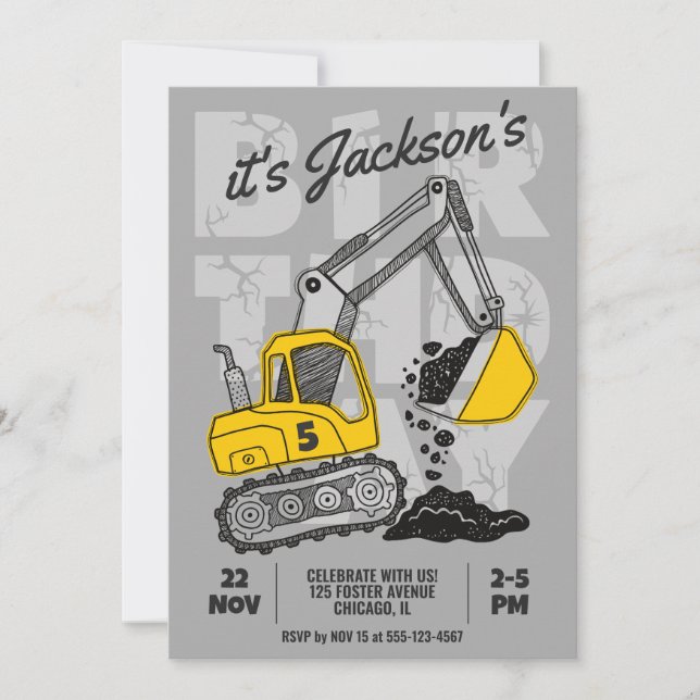 Invitación Fiesta de cumpleaños infantil temática de construc (Anverso)