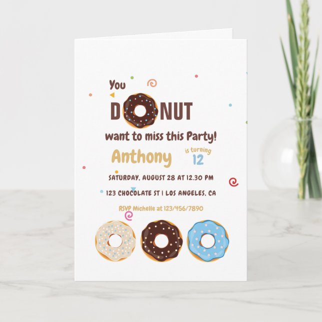 Invitación Fiesta de cumpleaños infantil temática de donas (Anverso)