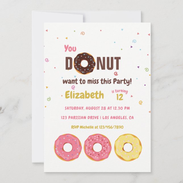 Invitación Fiesta de cumpleaños infantil temática de donas co (Anverso)