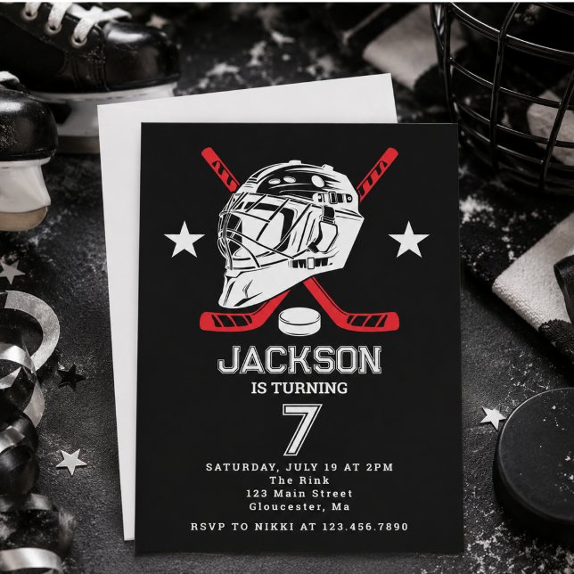 Invitación Fiesta de cumpleaños infantil temática de hockey e (Hockey black and White Themed Kids Birthday Party Invitation)