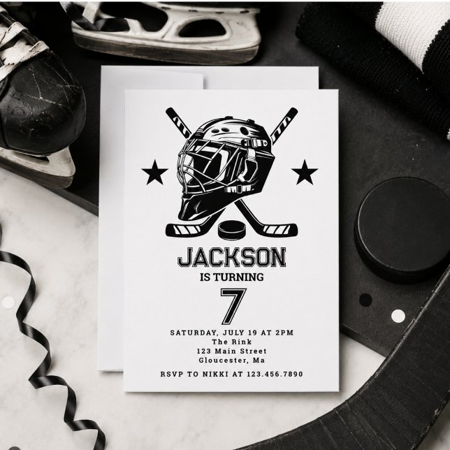 Invitación Fiesta de cumpleaños infantil temática de hockey e (Hockey black and White Themed Kids Birthday Party Invitation)