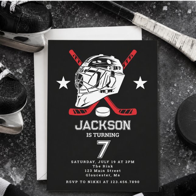 Invitación Fiesta de cumpleaños infantil temática de hockey e (Hockey black and White Themed Kids Birthday Party Invitation)