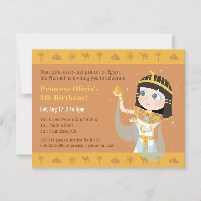Invitación Fiesta de cumpleaños infantil temática egipcia de  (Anverso)