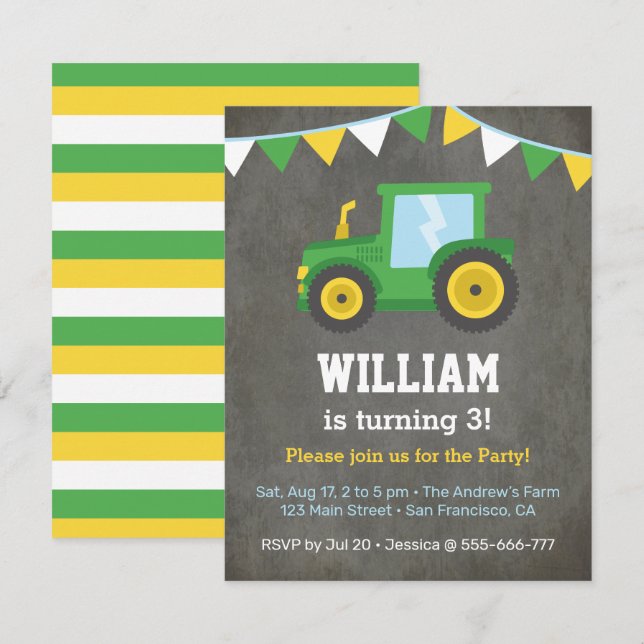 Invitación Fiesta de Cumpleaños Infantil Tractor Granja Verde (Anverso / Reverso)