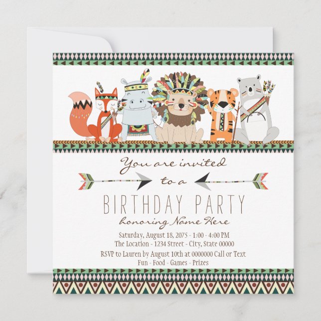 Invitación Fiesta de Cumpleaños Infantil Tribal Animales Indi (Anverso)