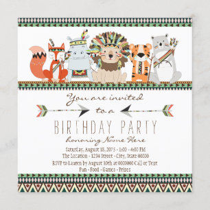 Invitación Fiesta de Cumpleaños Infantil Tribal Animales Indi