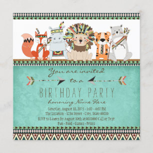 Invitación Fiesta de cumpleaños infantil tribal de nativos am