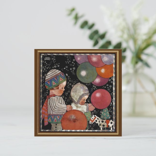 Invitación Fiesta de cumpleaños infantil vintage, globos y ju (Anverso de pie)