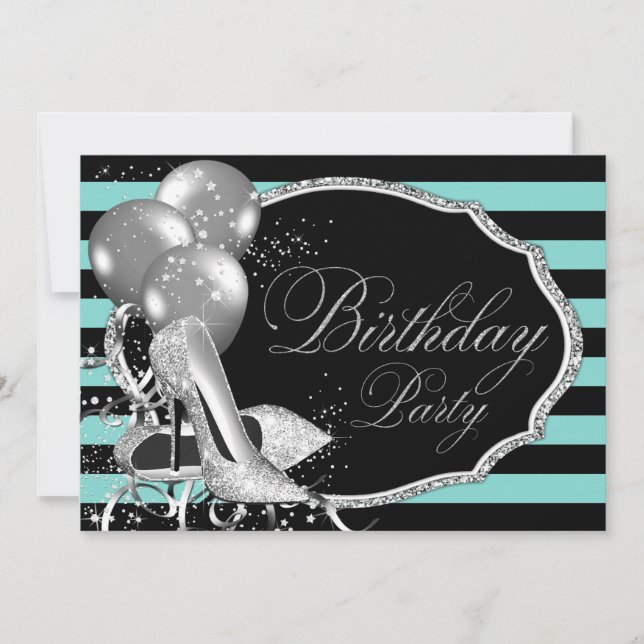 Invitación Fiesta de cumpleaños inspirada en azul teal negro (Anverso)