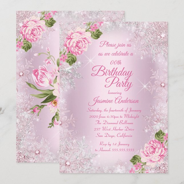Invitación Fiesta de cumpleaños Invierno Floral Rosa Wonderla (Anverso / Reverso)
