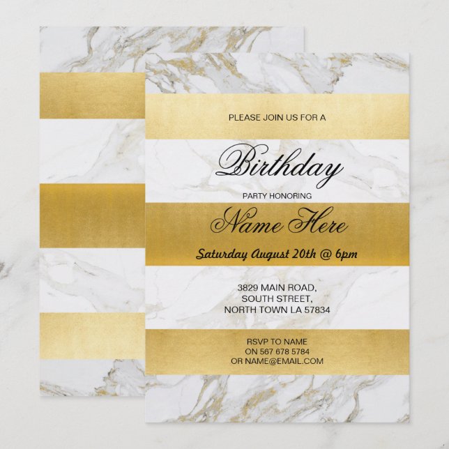 Invitación Fiesta de cumpleaños invita a stripe White Marble  (Anverso / Reverso)