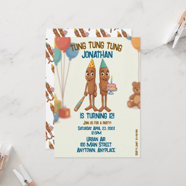 Invitación Fiesta de Cumpleaños Italian Brainrot Tung Tung Tu (Anverso/Reverso In Situ)