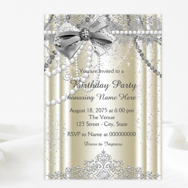Invitación Fiesta de cumpleaños Ivory Pearl (Elegant any event or party invitation. All of the text can be changed.)