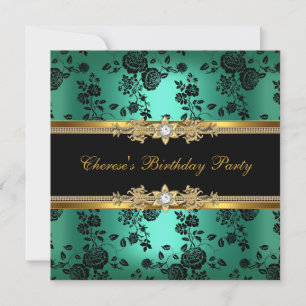 Invitación Fiesta de Cumpleaños Jade Damasco Oro Diamante Neg