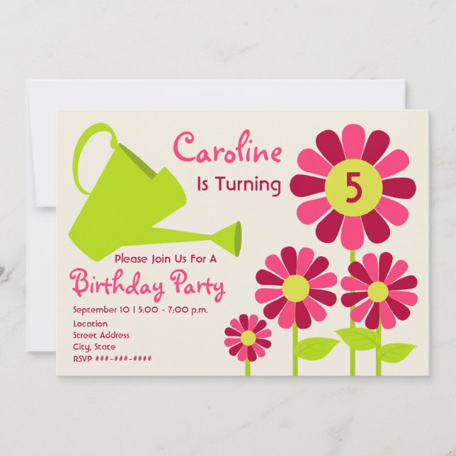 Invitación Fiesta de cumpleaños - jardín de flores y regadera (Anverso)