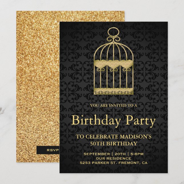 Invitación Fiesta de Cumpleaños Jaula de Pájaros Dorada Shabb (Anverso / Reverso)